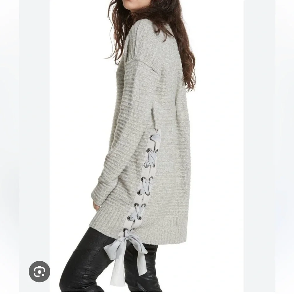 Free People Gray Sweater Tunic Mini Dress with Lace-Up Sides XS Fits up to M